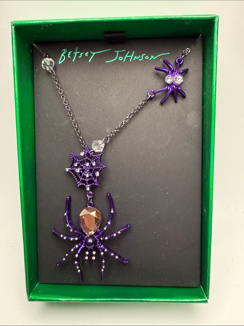 Betsey Johnson Purple Spider and Web Pendant Necklace with Crystal Accents